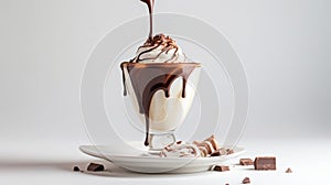 a glass of vanilla ice cream drizzled with chocolate sauce, accompanied by chocolate pieces on a white plate