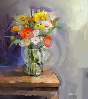 Glass vase with bouquet gerbera flowersl painting