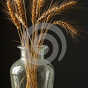 A glass vase containing dried wheat stalks (Triticum aestivum) with long, golden photo