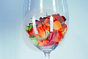 Glass vase filled with red rose petals. Aromatherapy concept.