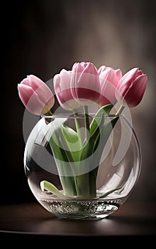 Glass vase filled with tulip flowers, Generative AI