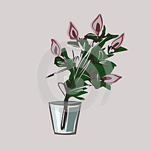 Glass vase with a flower. Leaves and flowers. Interior Design. Isolated vector