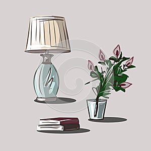 Glass vase with flower and vintage table lamp with lampshade, stack of books. Interior Design. Isolated vector