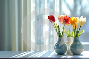 Glass vase with multi-colored tulips in sunlight on the window