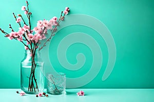 Glass vase with pink blossoms flowers near empty, blank turquoise wall Generated Ai