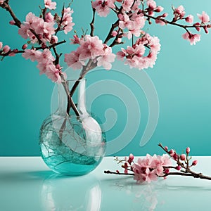 Glass vase with pink blossoms flowers twigs on glass table near empty, blank turquoise wall background with copy space