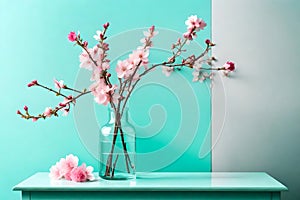 Glass vase with pink blossoms flowers twigs on glass table near empty, blank turquoise wall Generated Ai