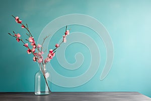 Glass vase with pink blossoms flowers twigs on glass table near empty, blank turquoise wall. Interior background with copy space