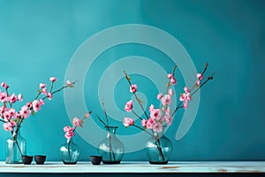 Glass vase with pink blossoms flowers twigs on glass table near empty, blank turquoise wall. Interior background with copy space