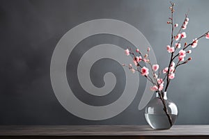Glass vase with pink blossoms flowers twigs on wooden table near empty, blank dark grey wall. Home interior background