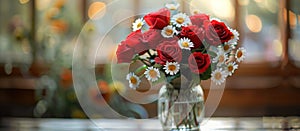 Glass Vase With Red Roses and Daisies