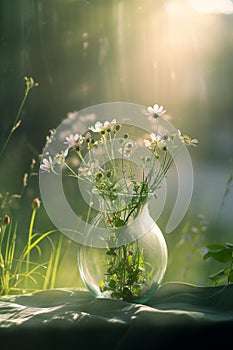 Glass Vase with wildflowers, daisies in sunlight on the window. photo