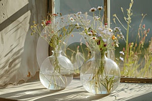 Glass Vase with wildflowers, daisies in sunlight on the window. photo