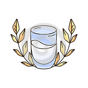 Glass of vegetable milk with two springs of rice, oat or wheat. Color hand drawn emblem for natural farm dairy products. Doodle