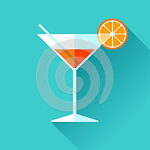 Glass for vermouth icon in flat style, wineglass on color background. Alcohol cocktail with lemon and straw. Vector design element