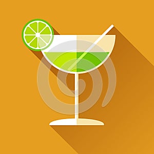 Glass for vermouth icon in flat style, wineglass on color background. Alcohol cocktail with lemon and straw. Vector design element