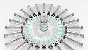 Glass vial with rubella vaccine and syringes. Conceptual medical 3D animation