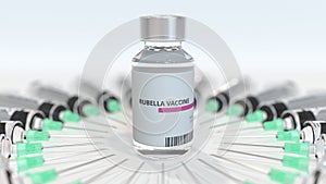 Glass vial with rubella vaccine and syringes. Conceptual medical 3D rendering