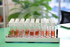 Glass vials for liquid samples. Laboratory equipment for dispensing fluid samples. Shallow depth of field