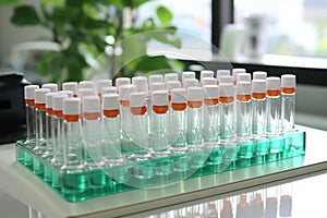 Glass vials for liquid samples. Laboratory equipment for dispensing fluid samples. Shallow depth of field