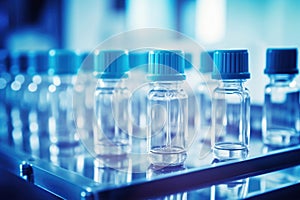 Glass vials for liquid samples. Laboratory equipment for dispensing fluid samples. Shallow depth of field