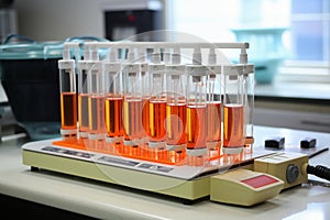 Glass vials for liquid samples. Laboratory equipment for dispensing fluid samples. Shallow depth of field
