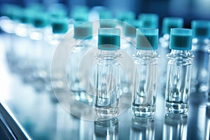 Glass vials for liquid samples. Laboratory equipment for dispensing fluid samples. Shallow depth of field