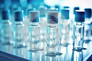 Glass vials for liquid samples. Laboratory equipment for dispensing fluid samples. Shallow depth of field