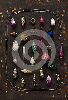 Glass Vintage New Year and Christmas tree decorations. Background, flat lay, close-up