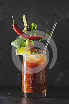 Glass of vodka and tomato juice drink with celery, spices, salt and ice in portion glasses. Bloody Mary cocktail with many