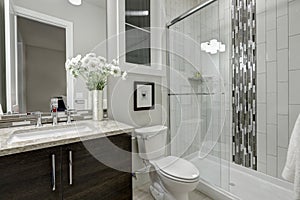 Glass walk-in shower in a bathroom of luxury home