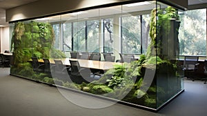 A glass walled office with a moss covered wall, AI photo