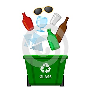 Glass waste and green recycling plastic bin isolated on white background, plastic bin and glass bottles garbage, waste glass