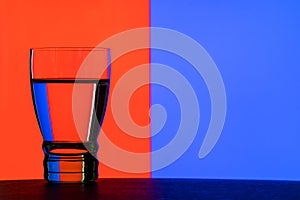 Glass of water against a two-color background. Water in refracting light.