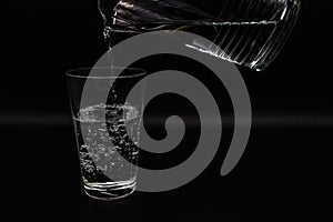 Glass of water on black background