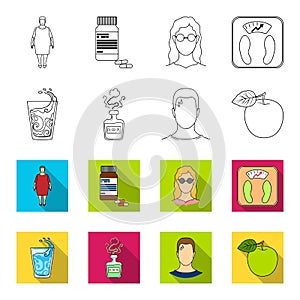 A glass of water, a bottle of alcohol, a sweating man, an apple. Diabeth set collection icons in outline,flet style