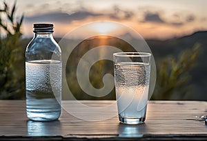 glass of water and bottle in a sunset composition creating a relaxing serene setting photo