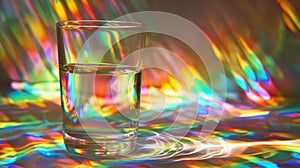 Glass of water with colorful light refractions photo