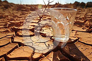 glass of water on cracked desert ground, under a scorching sun