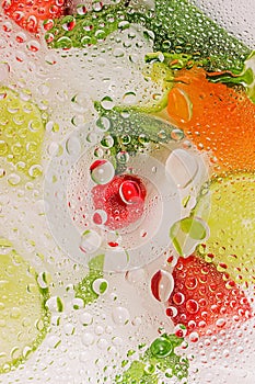 Glass with water drops with fruits behind it. Close-up of refreshing cocktail