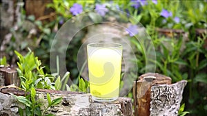 A glass of water with an effervescent vitamin tablet in nature