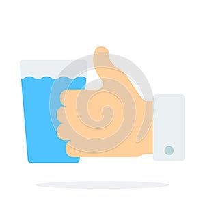 Glass of water with finger up gesture vector flat material design isolated object on white background.