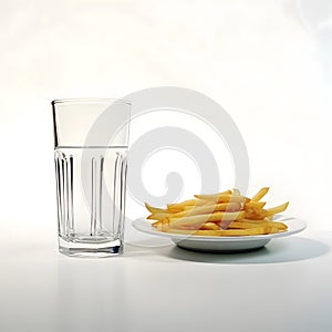 Glass of water and french fries on a white background. 3d rendering