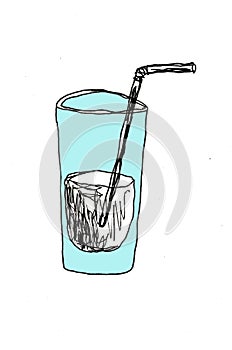 A glass of water hand drawn with stroke. pen pencil illustration