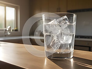 A Glass of Water with Ice Bathed in Kitchen's Afternoon Radiance