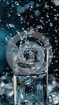 A glass of water with ice cubes and dynamic splashes