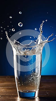 A glass of water with ice cubes and dynamic splashes