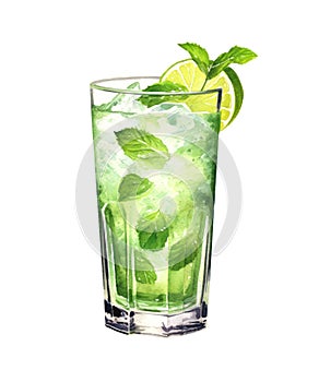 Glass of water with ice, mint leaves and slice of lime isolated on white background.
