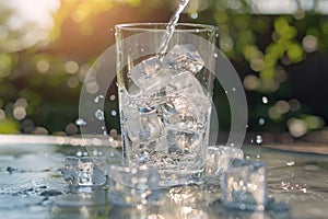 Glass of water with ice, Pour ice cubes On a hot summer day