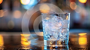 A glass of water with ice on a table in front of blurry lights, AI